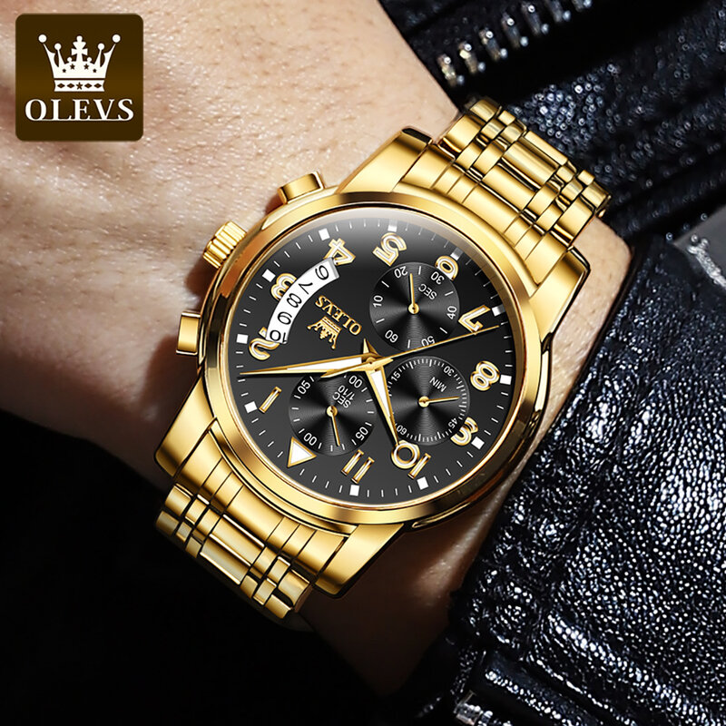 OLEVS-reloj analógico de acero inoxidable para hombre, accesorio de pulsera de cuarzo resistente al agua con cronógrafo, complemento masculino deportivo de marca de lujo con diseño militar