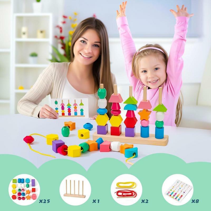 Manik-manik balita dan tali menyenangkan mainan perontok benang pendidikan Montessori Set mainan pengurut bentuk penyortir batang blok susun