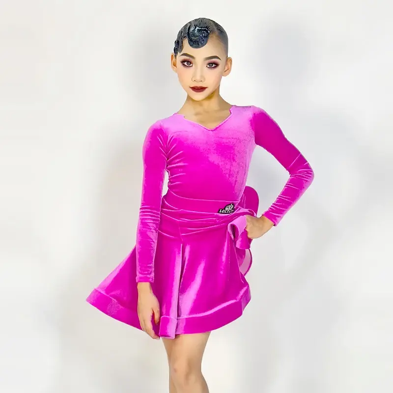 Colors Kids Performance Latin Dance Costume Girls Latin Dance Professional Dress Long Sleeved Velvet Ballroom Dance Dress