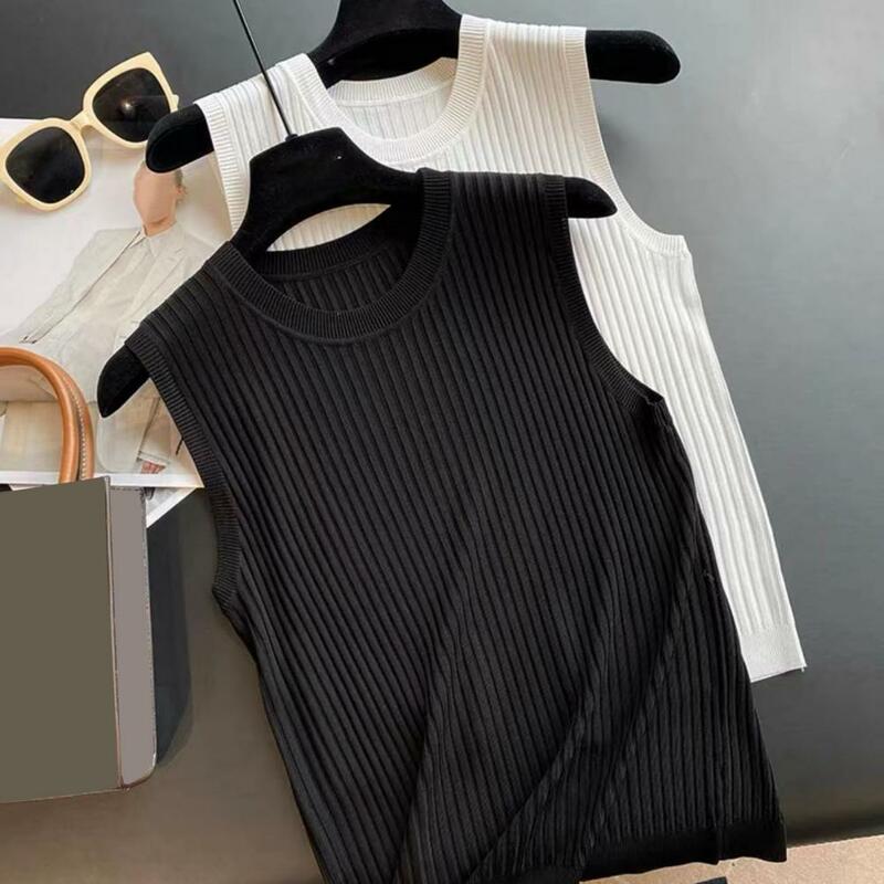 Solid Color Vest Stylish Women's Summer Knitting Vest Ice Silk Fabric O-neck Camisole Non-fading Slim Fit Top for Bottoming