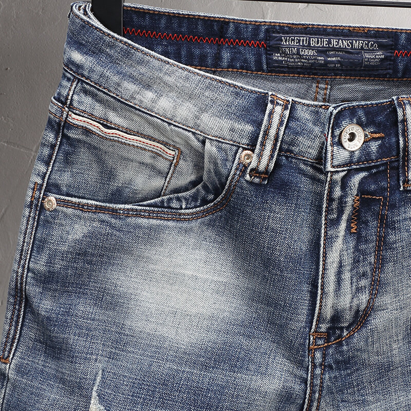 Pantalones vaqueros rasgados de estilo italiano para hombre, Jeans rasgados de alta calidad, elásticos, azul lavado, de diseñador Vintage