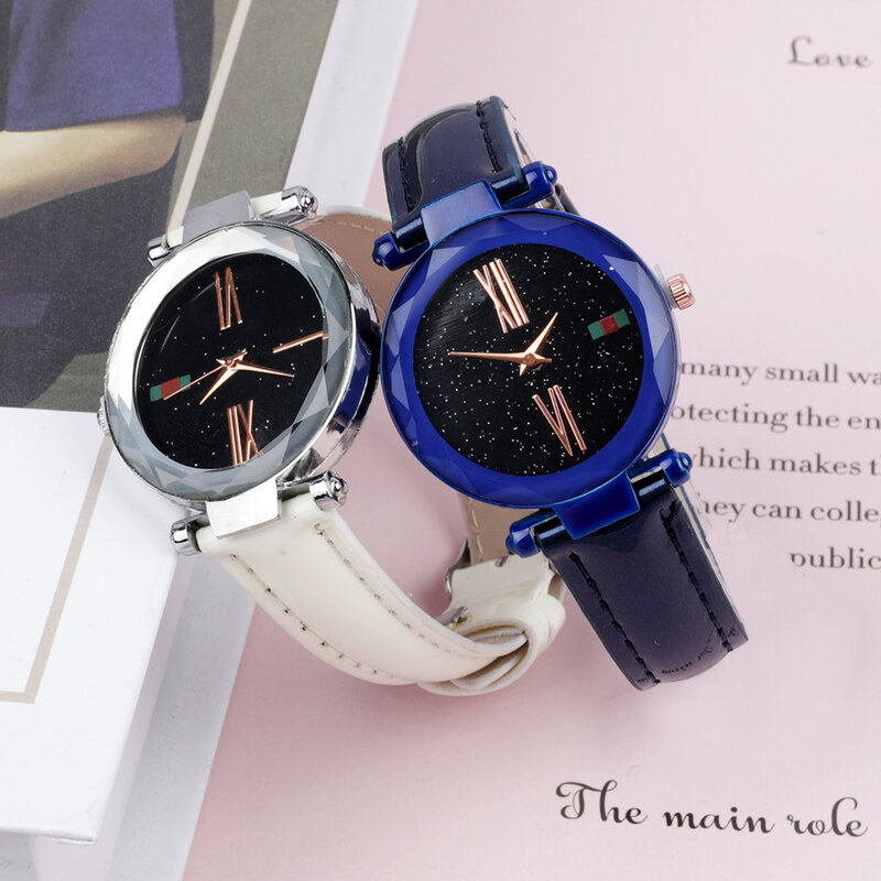 Mulheres relógios pulseira romântico céu estrelado quartzo relógio de couro azul branco correia diamante senhoras relógio simples vestido