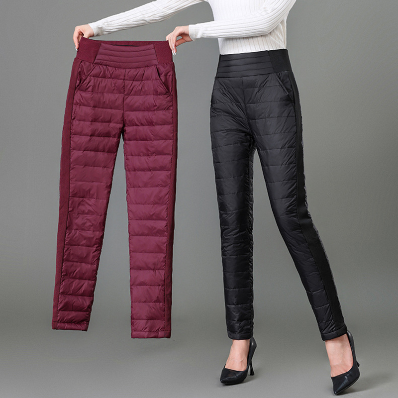 Pantalones ajustados de cintura alta para mujer, calzas de plumón de pato blanco, cálidos, de algodón, gruesos, ultraligeros, para nieve, 2023