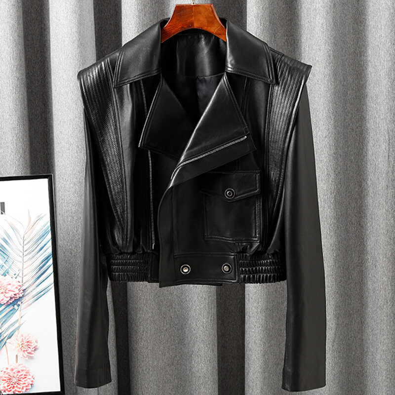 정품 가죽 재킷, 레이디 숏 재킷, 블랙 화이트 오토바이, 보머 재킷, CL4154, 신상