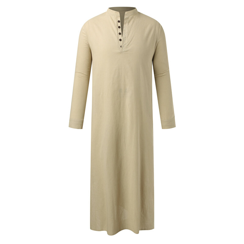 Robe muçulmano estilo do Oriente Médio masculino, camisas de manga comprida, fenda lateral, veste de cor sólida com bolso de botões, simples, verão