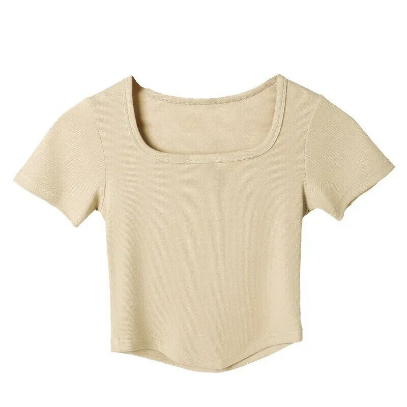 Хлопковая Высококачественная футболка J014 с U-образным вырезом и коротким рукавом, женская летняя свободная футболка с открытыми плечами, новинка 2023