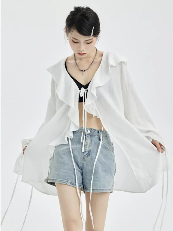 Rüschen Hemden Frauen koreanischen adretten Stil atmungsaktiv gemütlich Langarm High Street Mode Hipster Kleidung Sommer College Chic