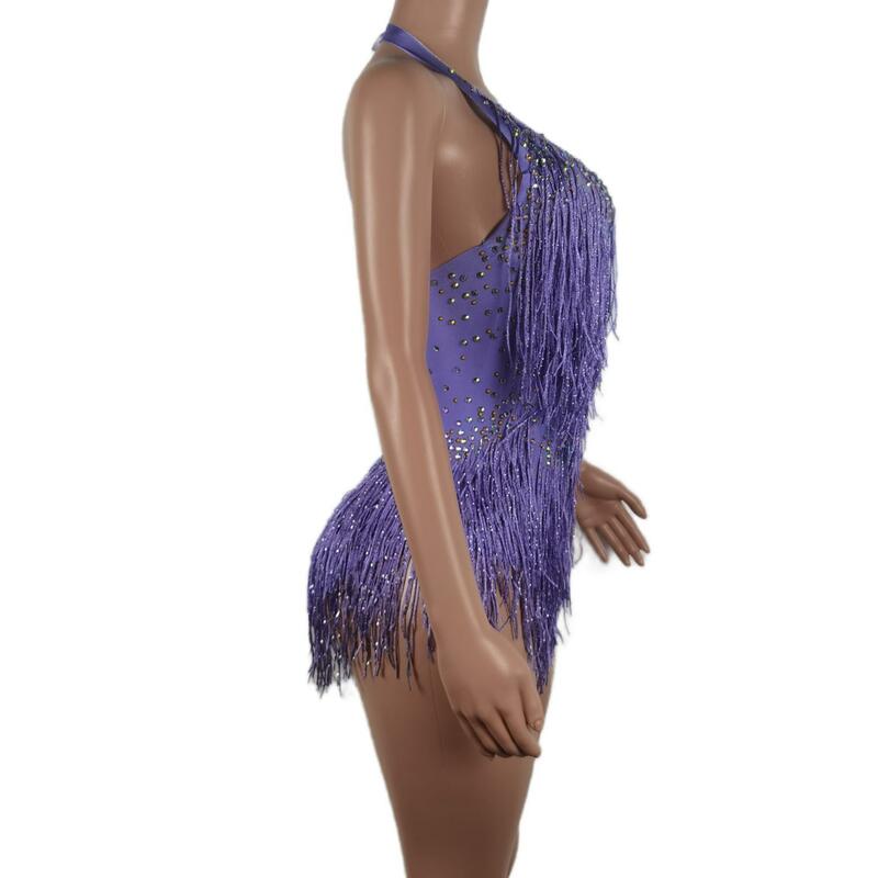 ロングラスカフのショートカットオフショルダー,新しい紫色のタッセル付きタブレットスタイル,裸の肩,ラインストーン付きダンス用