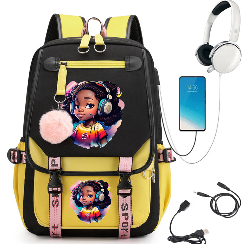 Sac à dos d'école imprimé fille noire, sac d'école de dessin animé mignon pour étudiants adolescents, cartable USB Anime, sacs à dos pour ordinateur portable adolescent