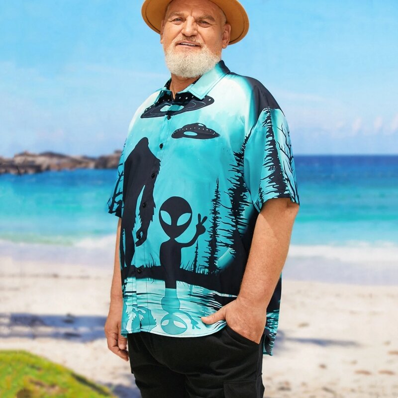 Fashion Men's Shirt 3d Alien Printed Hawaiian Short Sleeve Shirts Oversized Loose Man Clothing Tops Summer Casual Shirt For Men