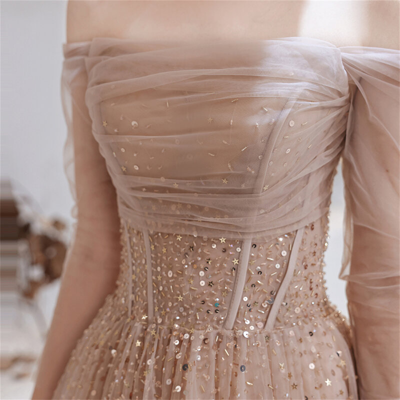 화려한 이브닝 드레스, 2023 누드 핑크 섹시 오프 숄더 구슬 장식, 긴 소매 스팽글 정장 가운