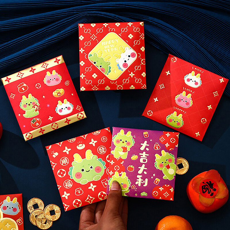 Enveloppe Rouge Porte-Bonheur du Nouvel An Chinois, Paquet de Poche pour Argent, Cadeau Dragon, 2024, 6 Pièces