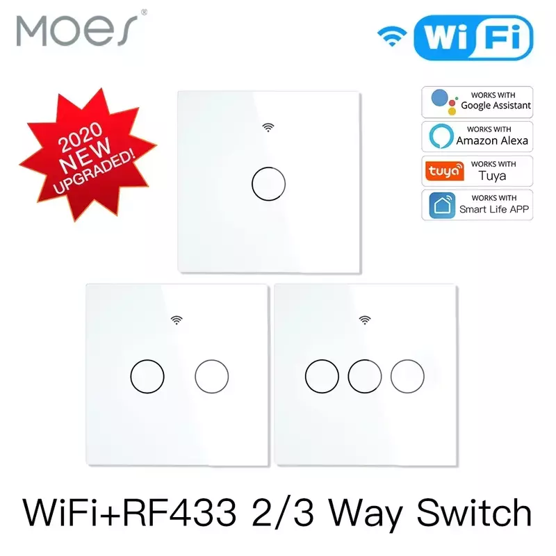 MOES NEW WiFi RF433 Smart Touch Switch 2/3 Way Smart Life/Tuya App Control,Alexa Google Home Voice Control 1/2/3/4 Gang EU