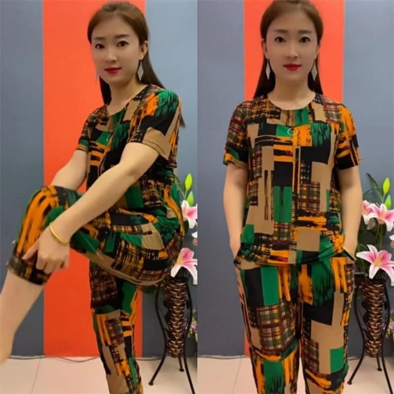 2024Summer Women New Fashion Western Middle Aged And Elderly Loose Short Sleeved Top Octopus Pants Lce Silk Two Piece Set Female