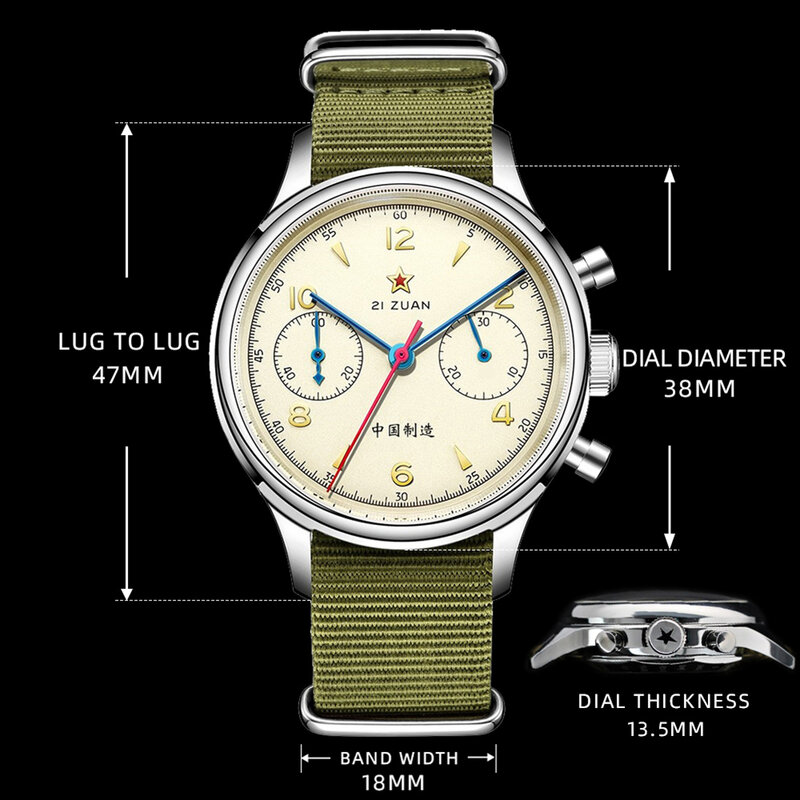 นาฬิกากลไกโครโนกราฟของผู้ชาย38มม. ดาวสีแดงเคลื่อนไหว ST1901นกนางนวลการบินกองทัพอากาศห่านแซฟไฟร์40มม.