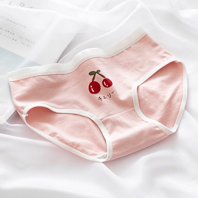 Sexy Korean Cotton Crotch Mid Waist Sweet Girl Stripe Women Intimates Cherry Printed Briefs Floral Panties
