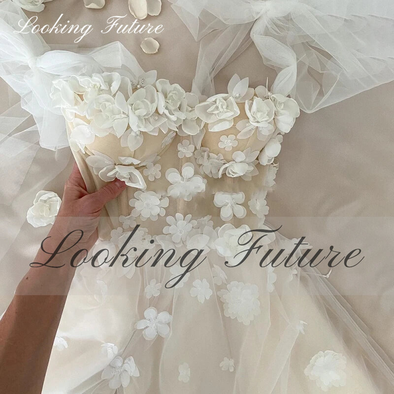 Elegante vestido de novia de línea A con encaje, flores 3D, manga larga con lazo, abertura alta, apliques, tren de barrido