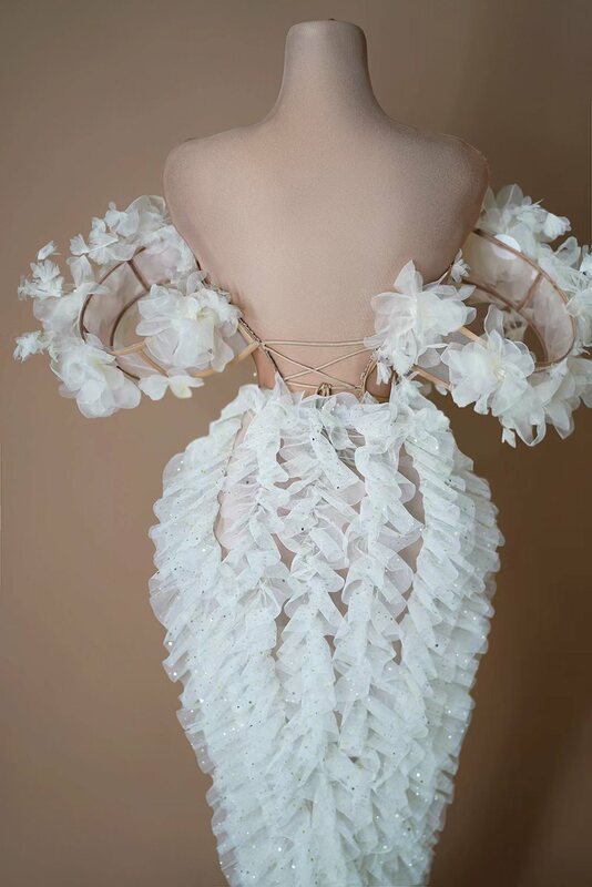 Długie suknie wieczorowe z kwiatami elegancki biały dla kobiet seksowne koronki z kryształkami z odkrytymi ramionami afrykańskie kobiety Forma suknie wieczorowe Baomihua