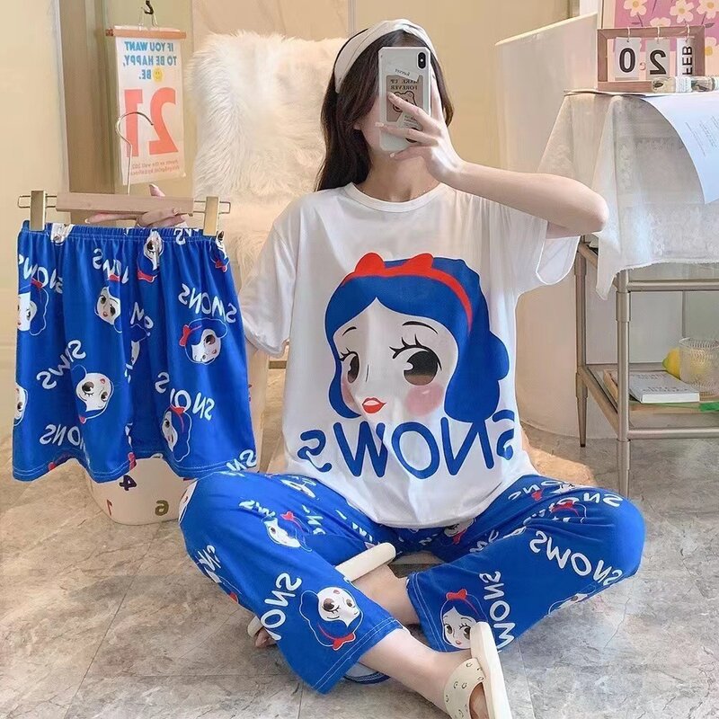 Pijamas de tres piezas de Mickey y Minnie para mujer, pantalones cortos de manga corta, cuello redondo informal, servicio a domicilio, Verano