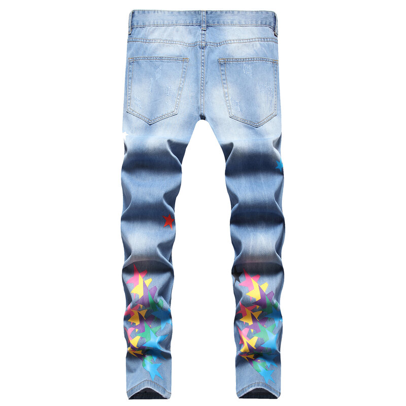 Jeans Hip Hop Hop dos homens, Hipster da costa oeste, 4 estrelas rasgadas impressão digital, perna reta pequena