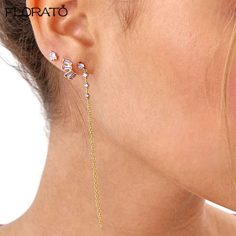 2024 New Fashion Metal Chain Tassel Long Earrings 925 Sterling Silver Needle Round Zircon Earrings for Women Elegant Jewelry Set