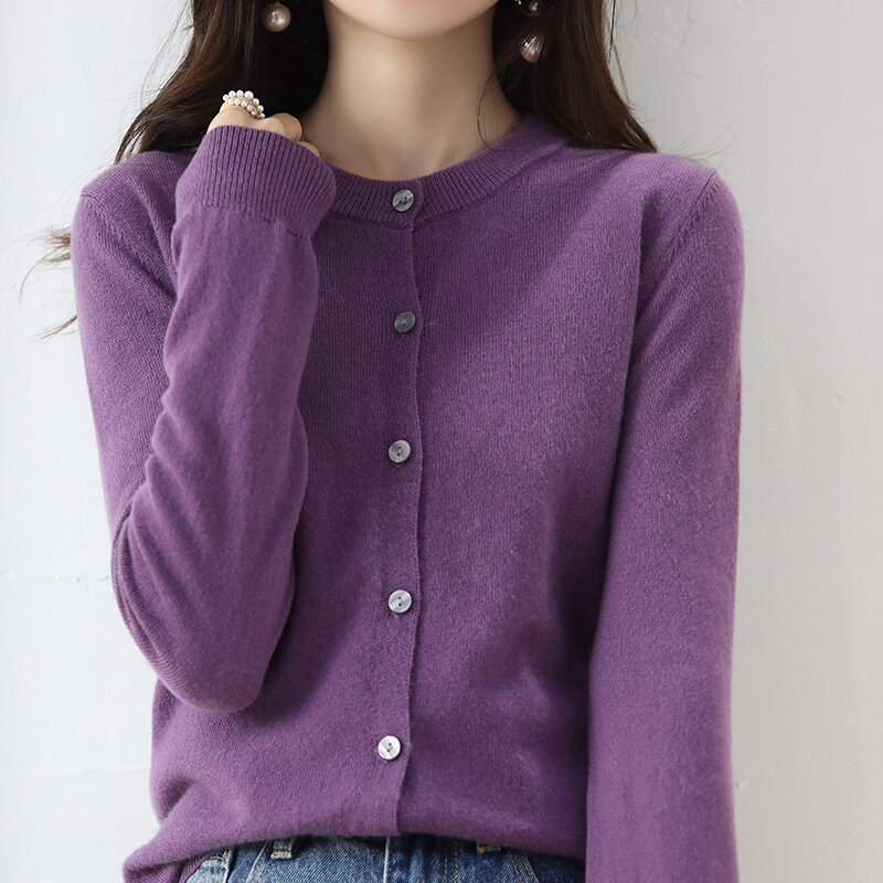 Ladies Cardigan Sweater Wool Coat 22 Spring Autumn New Round Neck Knitted Solid Color Loose Long Sleeve Bottoming Korean Version