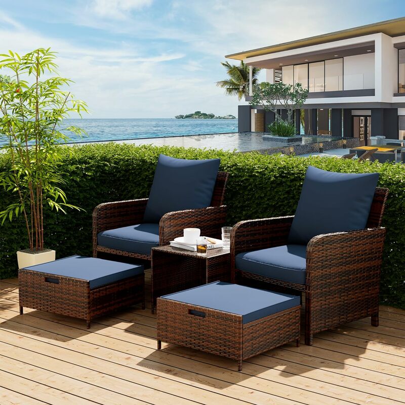 5 Piece Patio Furniture Set, Outdoor Patio Conversation Rattan Chair with Storage Coffee Table for Patio, Space Saving Design