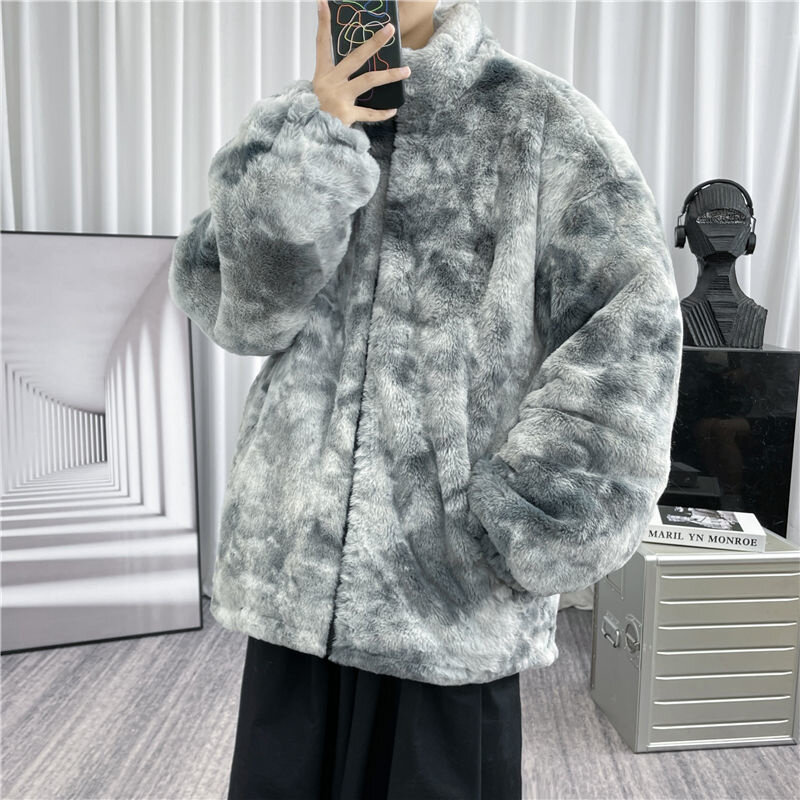 Jaqueta de inverno masculina quente moda casual thicke cordeiro jaqueta de lã homem streetwear solto tie dye casaco curto dos homens roupas de grandes dimensões