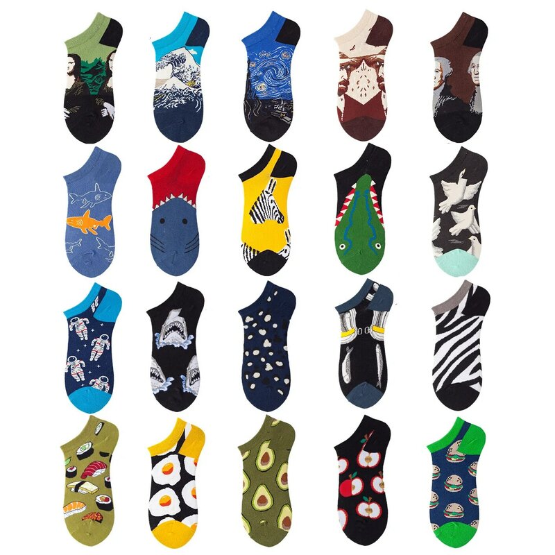 Chaussettes Courtes Colorées en Coton pour Homme, Peinture à l'Huile, Animaux, Nourriture, Avocat, Décontracté, Amusant, Rinçage, 40 Styles