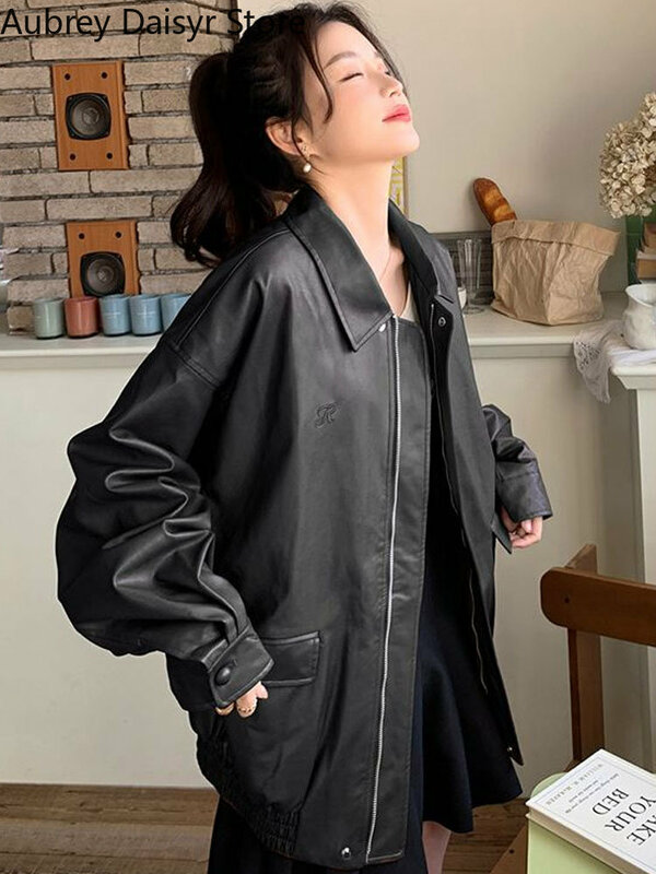 Giacca in pelle allentata Punk donna Streetwear giacca in pelle con cerniera Biker Vintage Fashion Trend Harajuku cappotto Casual in ecopelle