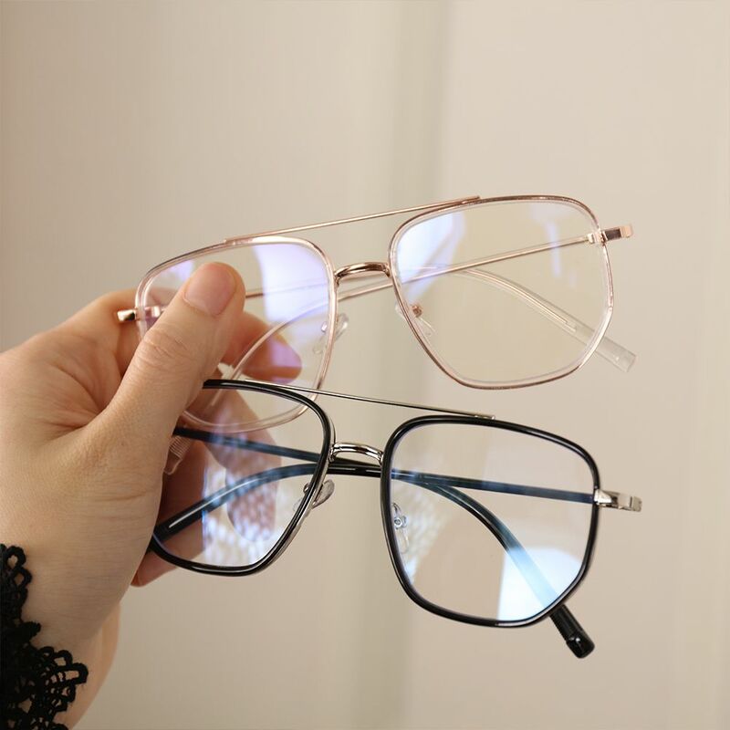 레트로 더블 프레임 안경, 눈의 피로 감소, UV 보호 플랫 미러 안경, 블루라이트 방지 독서 안경