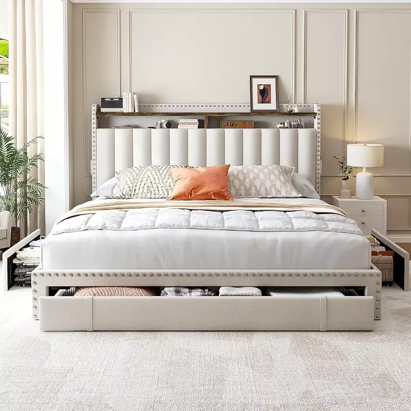 Queen size upholstered bed frame, Queen bed frame with 3 drawers, Queen size bed frame with headboard