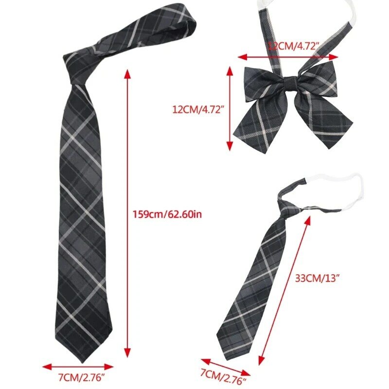 Gravata xadrez pré-amarrada cinza, uniforme estudante, gravata borboleta japonesa universitária