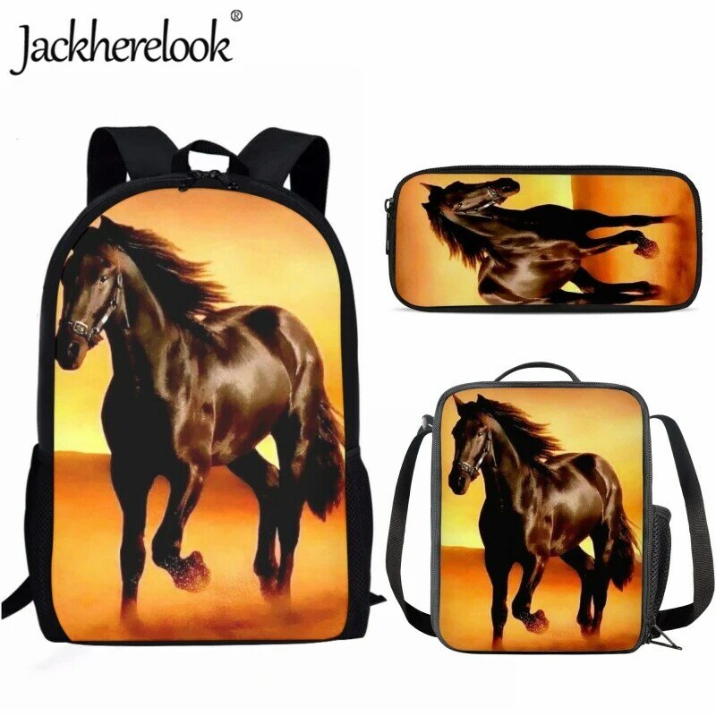 Jackherelook – sac d'école pour étudiants, sac à dos de grande capacité, sac à déjeuner avec cheval 3D, trousse à crayons pour garçons, sac décontracté pour ordinateur portable, 3 pièces