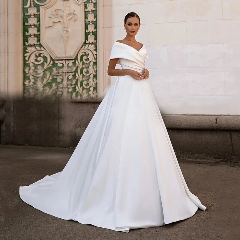 Женское атласное свадебное платье It's yiiya, белое элегантное платье-трапеция до пола с открытыми плечами и V-образным вырезом на лето 2024