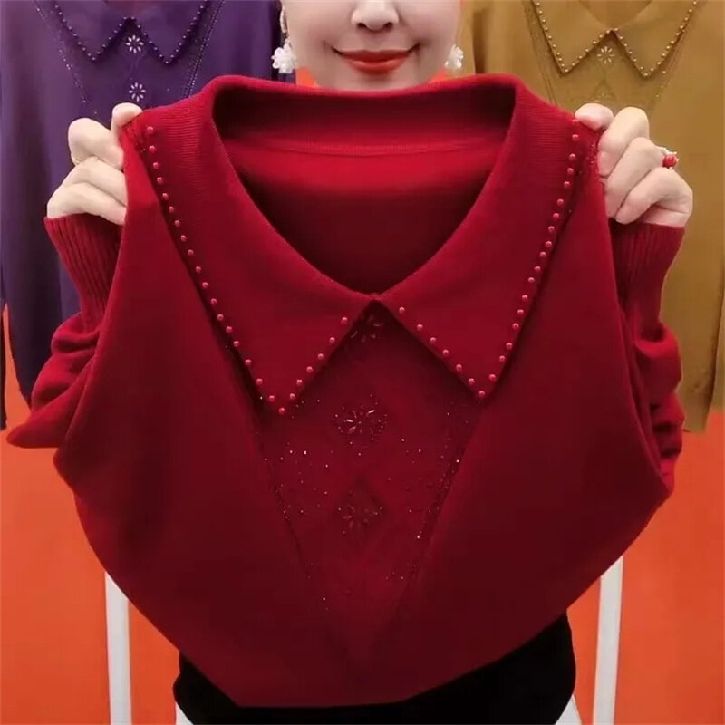 2024 nowe swetry damskie w średnim wieku, wiosenne jesienne z długim rękawem rękawy, luźny sweter z dzianinowym sweter damski