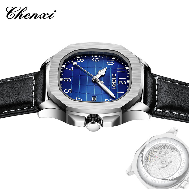 CHENXI-Relógio de pulso de quartzo de couro masculino, oco, luminoso, data, quadrado, alta qualidade, luxo, casual, homem, novo, 2024 relogios masculino