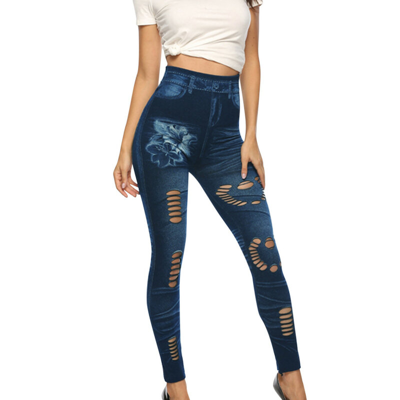 Women Sexy Casual Hollow Out Denim Leggings Pencil Fitness Elastic Leggings Ladies Sexy Hole Floral Print Yoga Jeans Pants