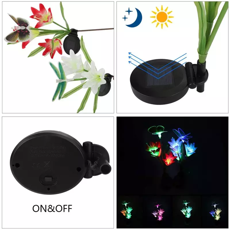 Светодиодная лампа с 3 головками, садовый светильник на солнечной батарее в виде цветка лилии, бабочки, стрекозы, 7 цветов, меняющее освещение, настенное украшение для газона