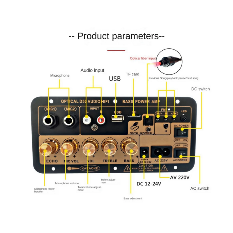 Placa do amplificador de potência com áudio óptico, subwoofer, bluetooth, plug us, d50, 35w, 12v, 24v, 220v