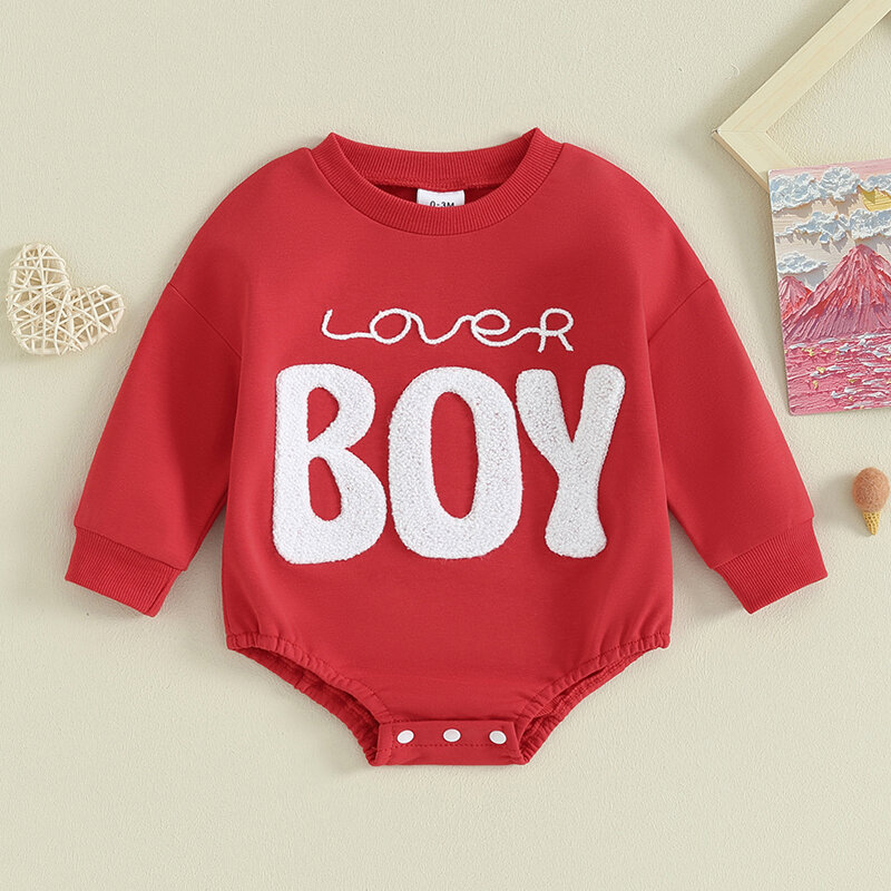 2023-11-21 Lioraitiin 0-18M Baby Boys Sweatshirts Rompers Valentine's Day Clothes Letter Fuzzy Embroidered Long Sleeve Jumpsuit