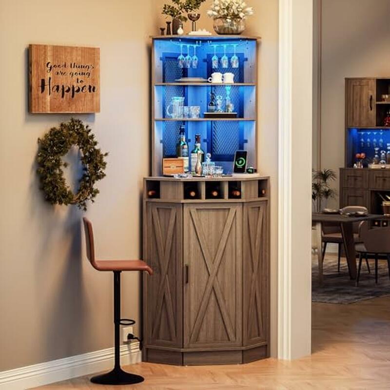 LED RGB Bar Corner Cabinet with Adjustable Shelves & Charging Station Farmhouse Style Liquor Storage Home Bar & Dining Room