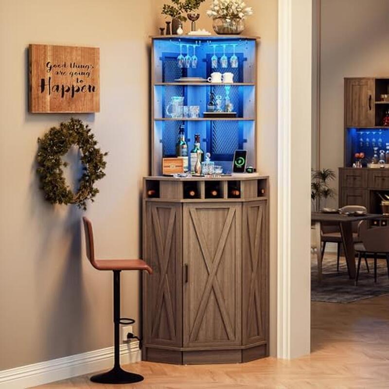 LED RGB Bar Corner Cabinet with Adjustable Shelves & Charging Station Farmhouse Style Liquor Storage Home Bar & Dining Room