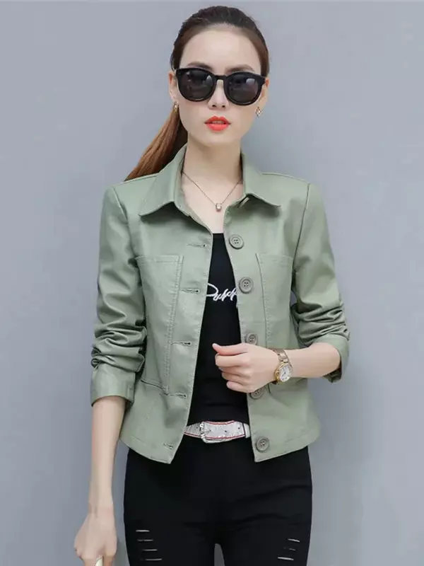 여성용 진한 베이지 가죽 재킷, 짧은 슬림 PU 코트, 한국 패션, 시크한 의상, 용수철 가을, 2024 신상