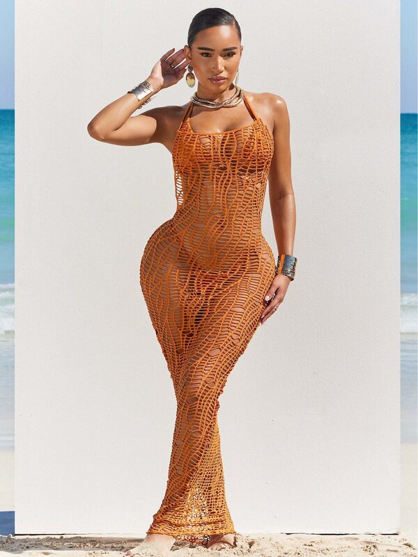 Women Beach Cover Up 3 Piece Outfit Bikini Bra+Thong + Halter Backless Hollow Out Fishnet Long Dress 2024 Fashion Vacation Dress