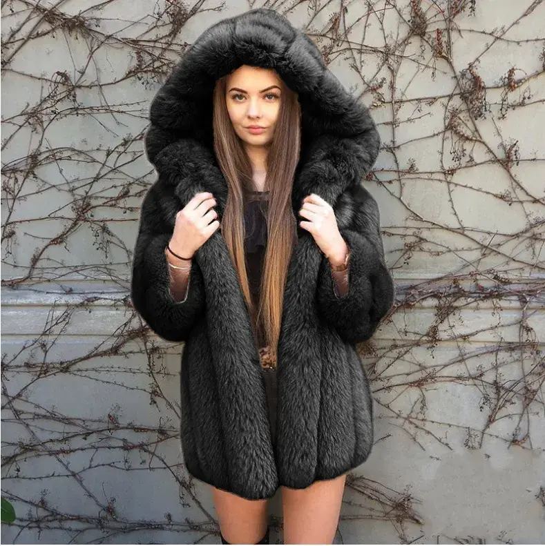 Abrigo de piel con capucha para mujer, abrigo de longitud media con cuello redondo, manga larga, grueso y cálido, a la moda, otoño e invierno, 2023