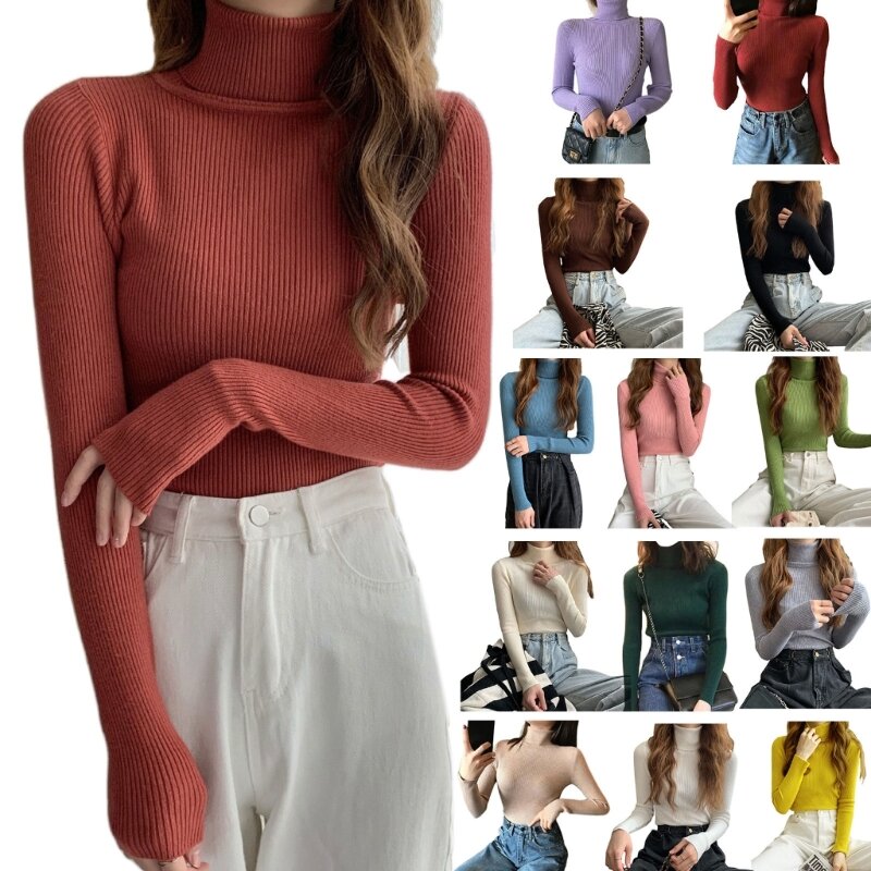 652F Women Multicolor Turtleneck Sweater Autumn Solid Color Basic Long Sleeve Slim Fitted Jumpers Ribbed Knit Pullover Top