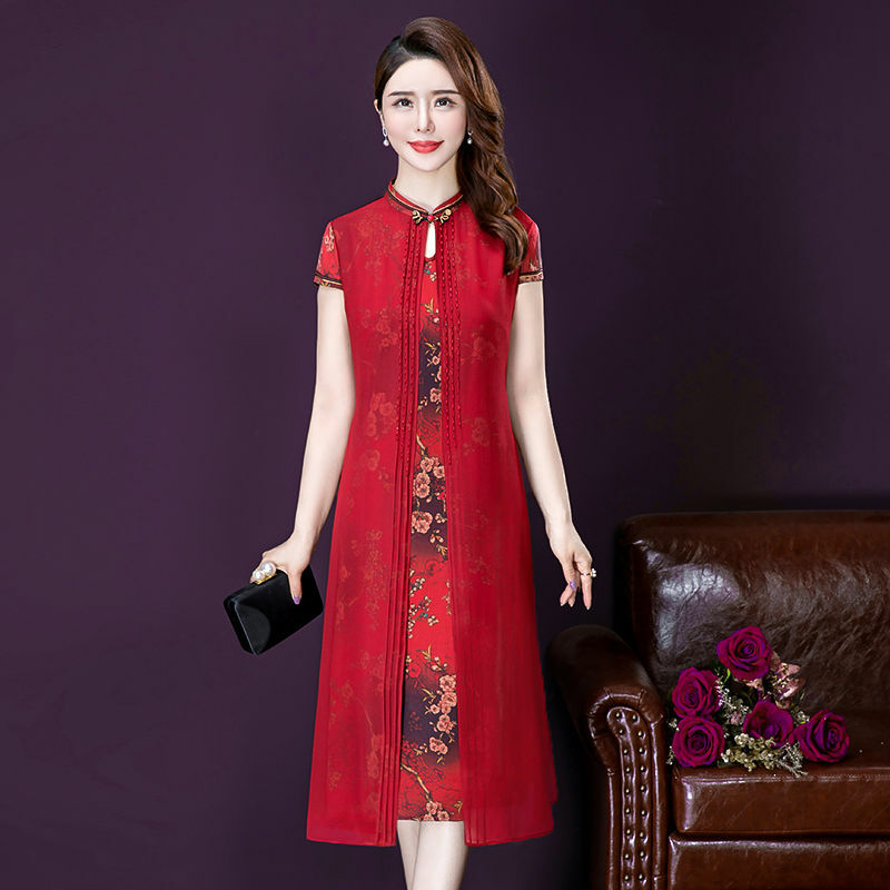 New 2022 Vintage Chinese Wedding Party Dresses Women Retro Mandarin Collar Floral Summer Dress Classy Lady Waist Vestidos A-line