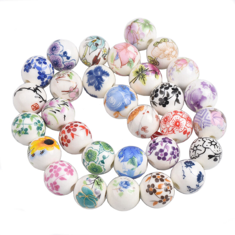 Perles d'espacement rondes en porcelaine céramique, motifs de fleurs, artisanat de bricolage, bracelet de bijoux, 10mm, 12mm, 1 # ~ 44 #, 10 pièces