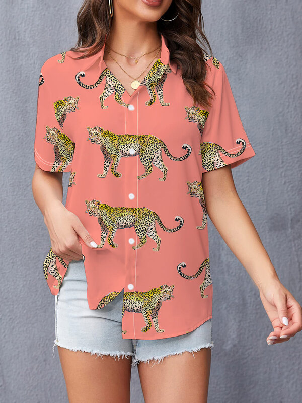 Chemise à manches courtes à revers personnalisé pour dames, imprimé numérique 3D léopard, chemise confortable et simple, été 2024